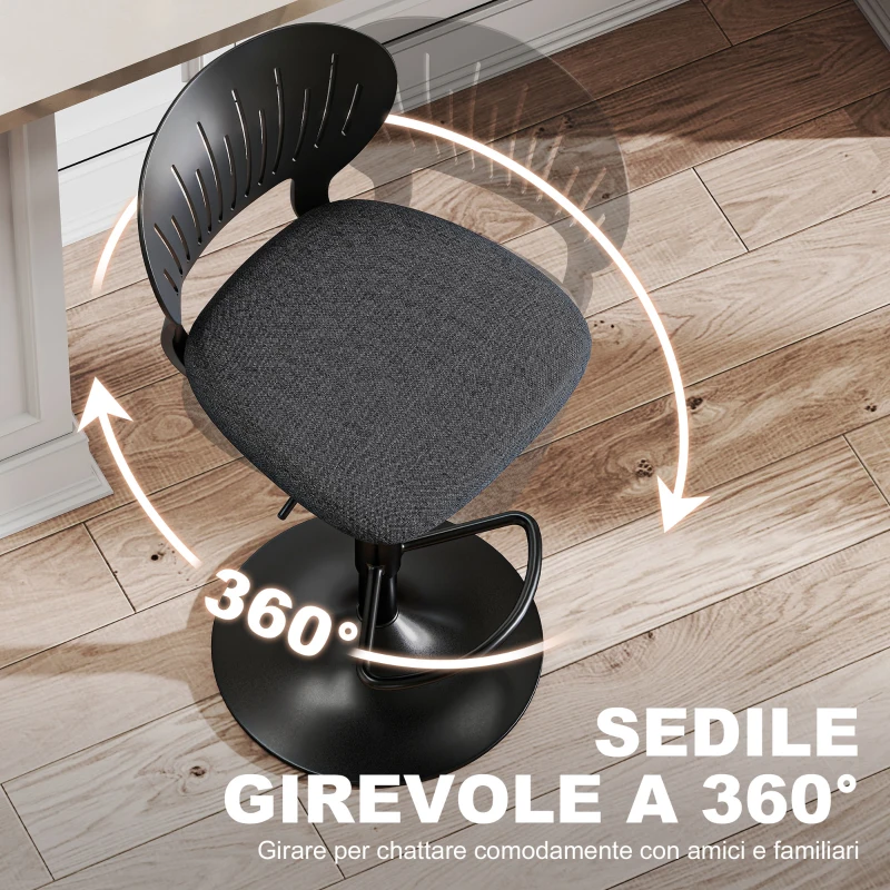 HOMCOM Set 2 Sgabelli da Bar Traspiranti in Tessuto Effetto Lino e Metallo con Poggiapiedi, 40.5x43x84-105 cm, Nero