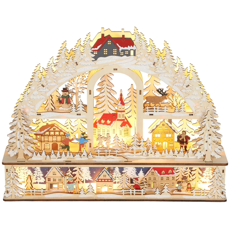 HOMCOM Kerstdorp met LED-verlichting, 45 cm kerstdorp met sneeuwpop, rendier en bomen, natuurhout