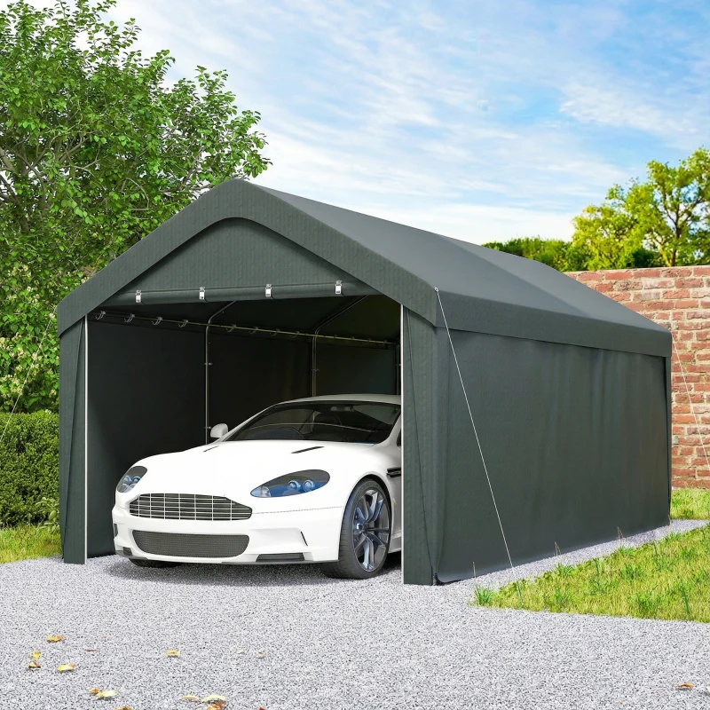 Outsunny Abrigo de Exterior 590x300x280 cm Garagem de Exterior para Carros Anti UV com Paredes Laterais Desmontáveis e 2 Portas Cinza Escuro