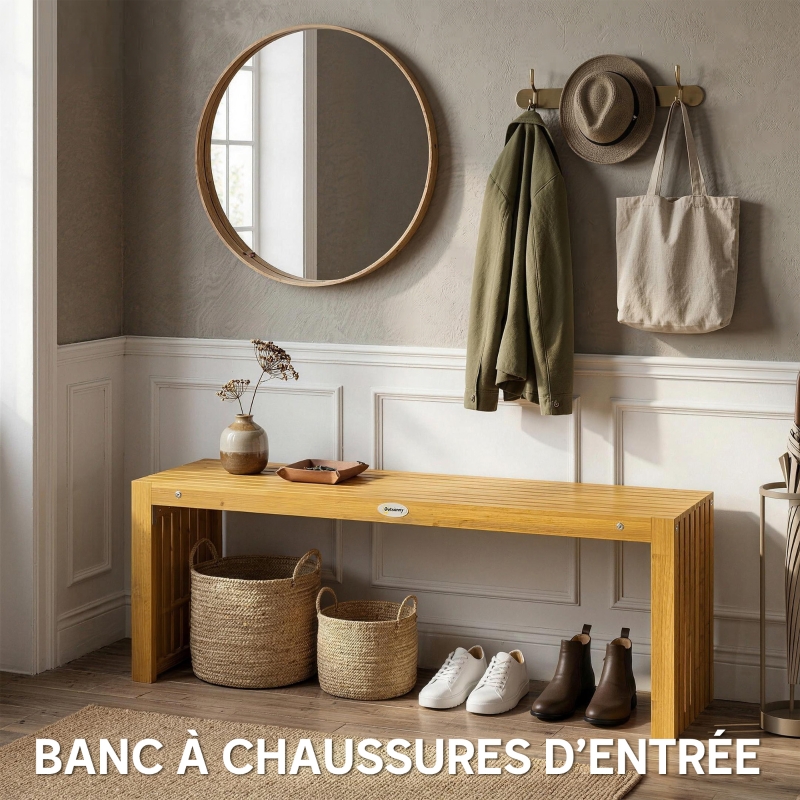 Outsunny Banc de Jardin en Bois d'Acacia sans Dossier 2 Places, Assise à Lattes Effet Bois, 110x30x45cm, Bois naturel