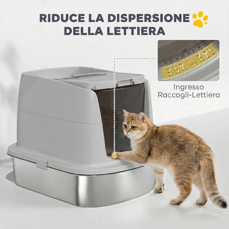 PawHut Lettiera Gatto Chiusa in Acciaio Inox con Coperchio Ribaltabile, Doppia Porta, Paletta, Grigio Chiaro