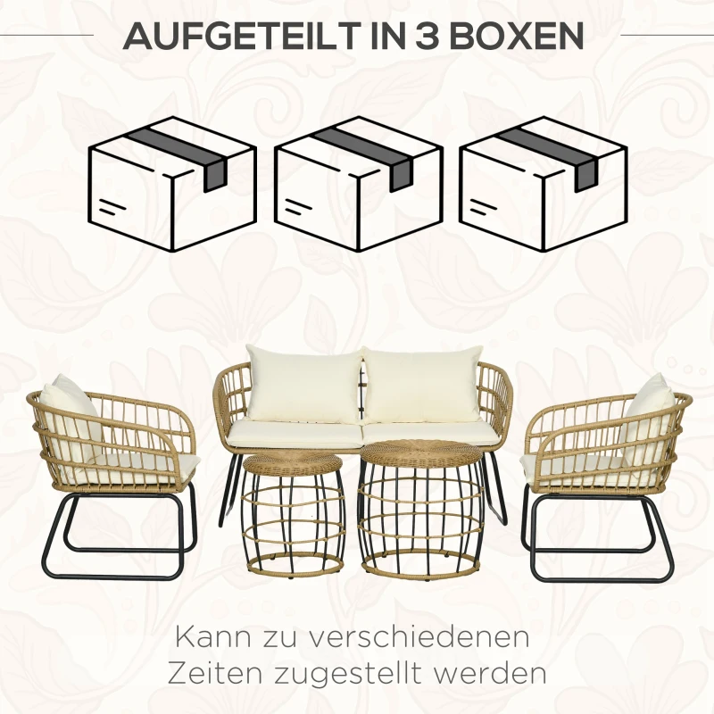 Outsunny Lounge-Set Rattan Zitgroep, Buitenmeubelset in Boho-stijl, 5-delig, 145 x 70 x 78 cm, Crème + Natuur + Zwart