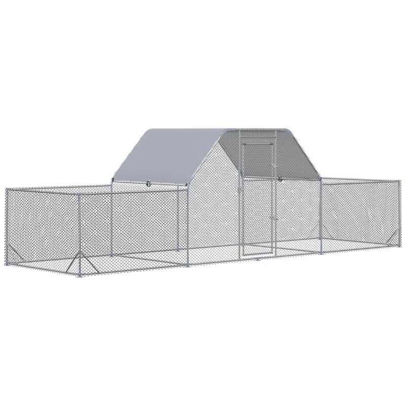 PawHut Enclos poulailler chenil volière extérieur 12,5 m² pour 12 à 15 poules 6,6 x 1,9 x 1,95 m acier galvanisé