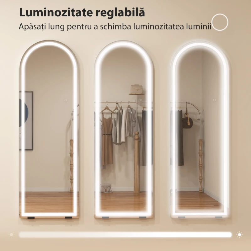 HOMCOM Oglindă de podea arcuită cu lumini, 150x50 cm, de perete și autoportantă, reglabilă, cu funcție de memorie, transparentă