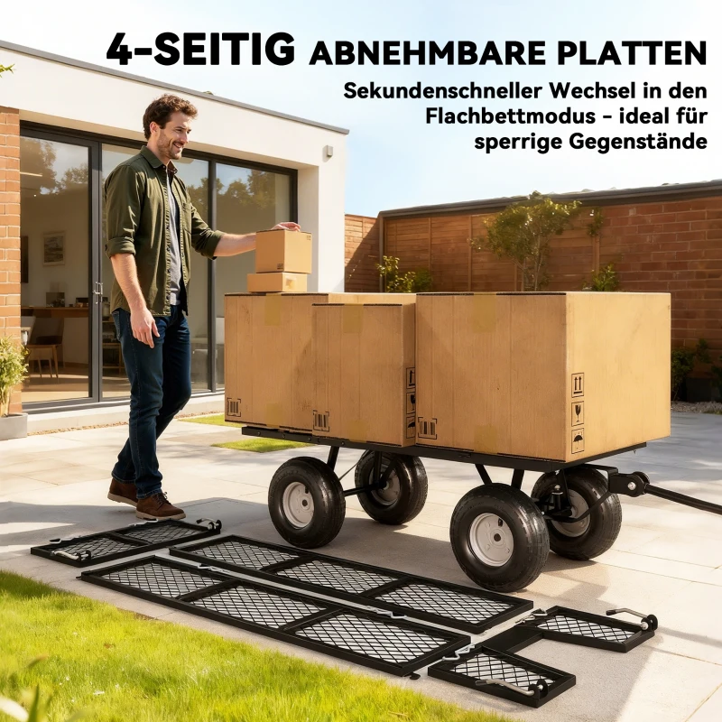 Outsunny Tuinwagen, 4-Wiel Trolley van Staal, Afneembare Zijwanden, 25 cm Wielen, Draaibaar Handvat, 300 kg Laadcapaciteit, Zwart