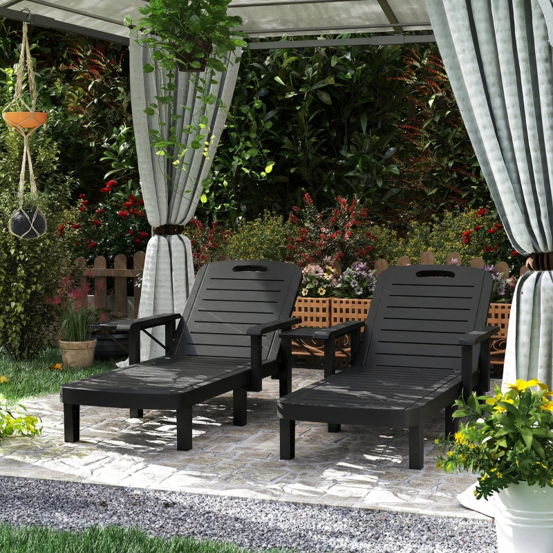 Outsunny Set of 2 Reclining Sun Loungers, 5 Positions Adjustable Outdoor Chaise Lounge Chair with Armrests, Black