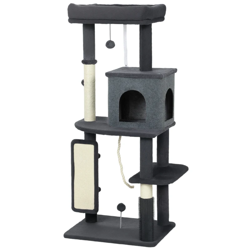 PawHut Árvore para Gatos Multicamadas Alta 132 cm com Casinha, Cama, Postes para Arranhar, Escova e Bolinha, Cinza Escuro