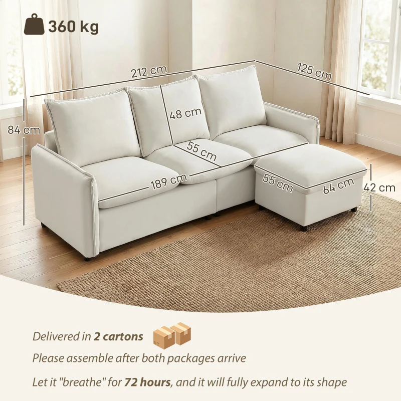 Set Canapea 3 Locuri, HOMCOM, Leathaire, 212x125x84cm, Crem
