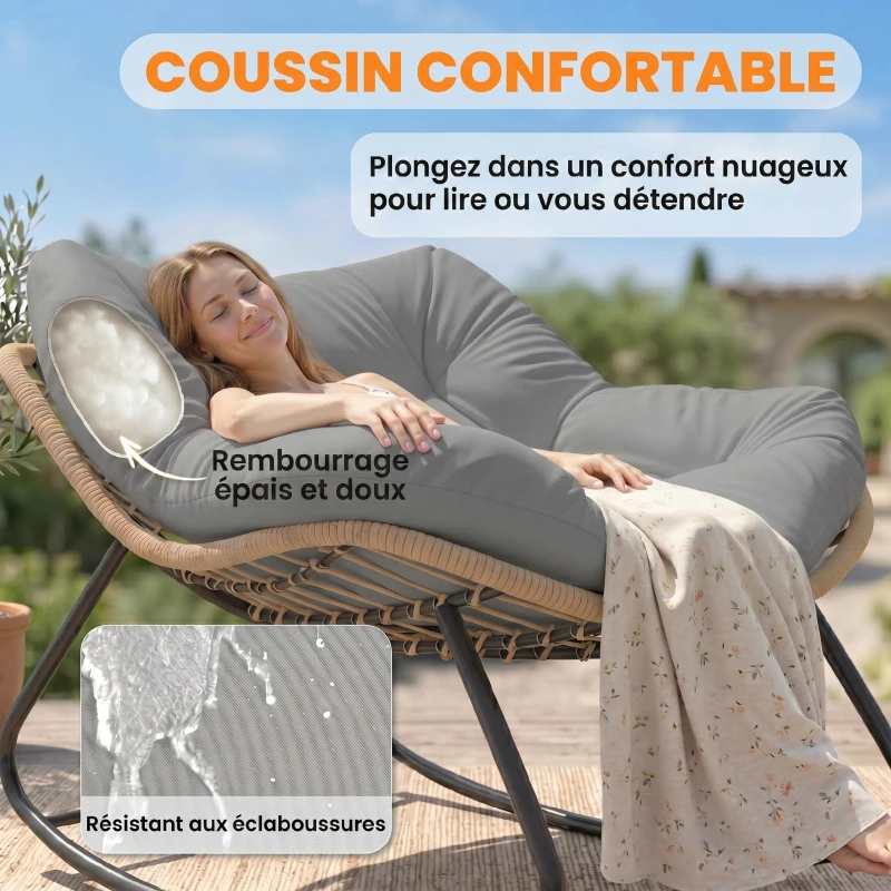 Outsunny Fauteuil à Bascule Papasan Intérieur Extérieur, Chaise Ovale à Bascule Rembourrée pour Jardin, Patio, Gris
