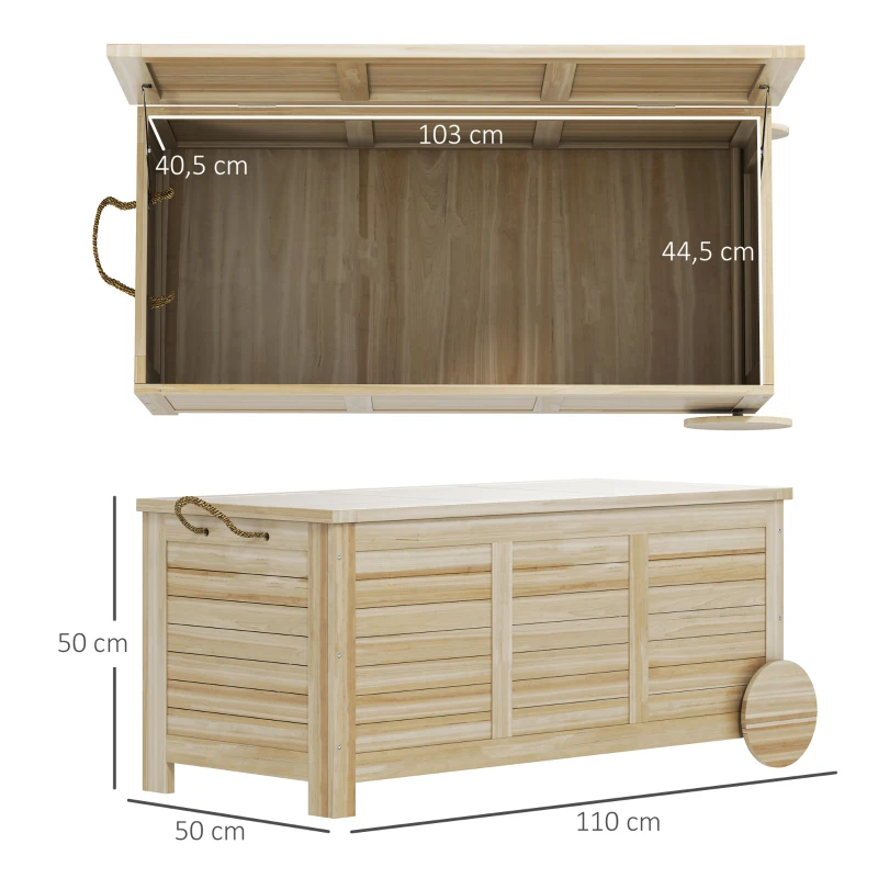 Outsunny Baúl de Madera Exterior de 185L con 2 Ruedas Cuerdas de lino Bisagras Metálicas y Forro Interno 110x50x50 cm Natural