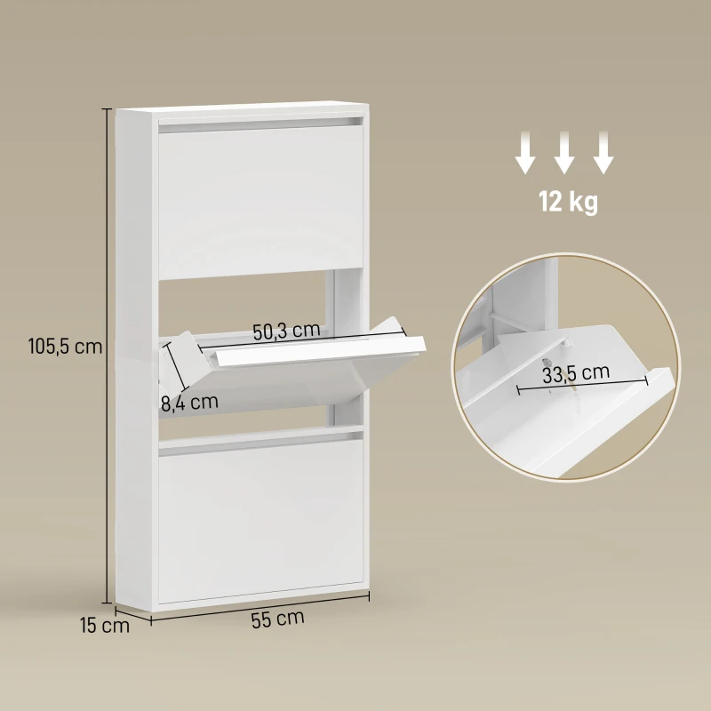 HOMCOM Metalen schoenenkast met 3 klapladen, slank ontwerp, wandmontage, voor 6 paar schoenen, wit