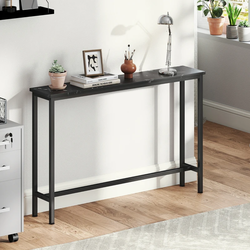 HOMCOM Mesa Consola Moderna Consola de Entrada Estreita com Superfície com Efeito Mármore e Estrutura de Metal 100x20x66 cm Preto