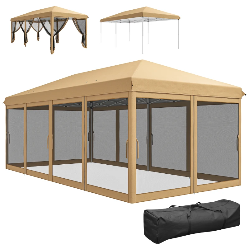 Outsunny Tenda para Festas 6x3 m Tenda de Jardim com 6 Mosquiteiros Bolsa de Transporte e Estrutura de Aço para Campismo Festas Bege