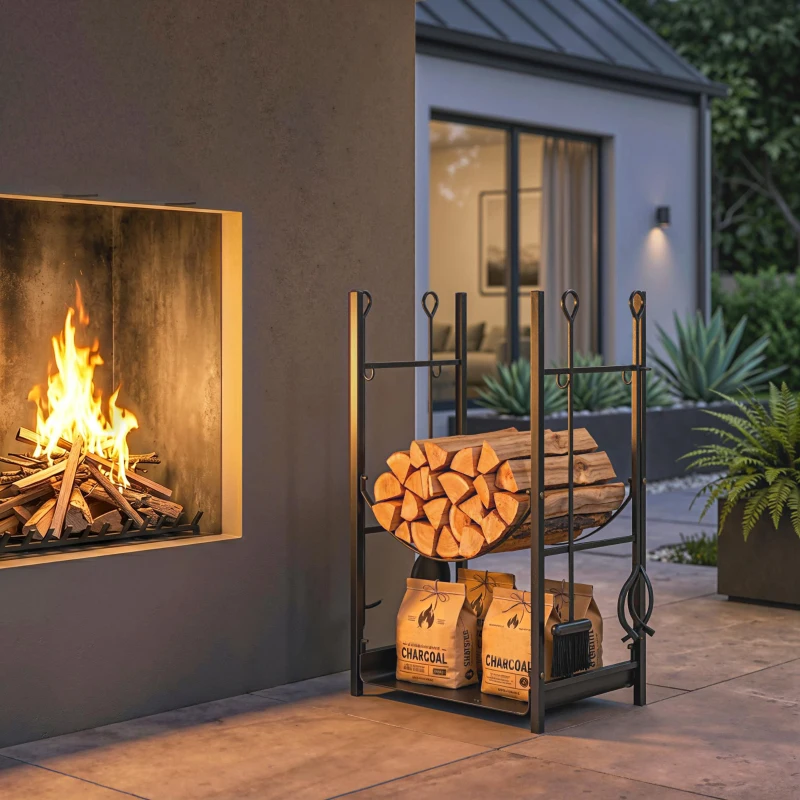 Outsunny Portalegna da Interno ed Esterno Rialzato a 2 Ripiani, Porta Legna da Ardere in Metallo con Supporti Rimovibili, Paletta, Scopa, Attizzatoio e Pinza, Capacità 70 kg, 44.5x29.5x73 cm, Nero