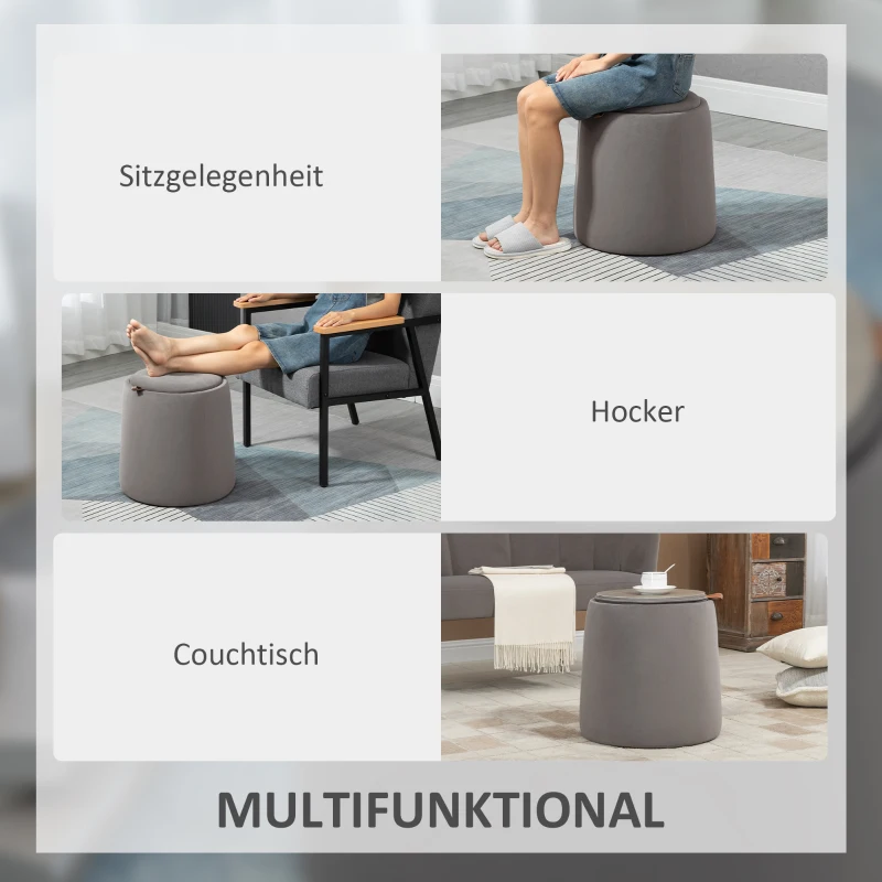 HOMCOM 2-in-1 Pouf in fluweellook met opbergruimte en afneembare deksel Φ44 cm x 47,5 cm Donkergrijs