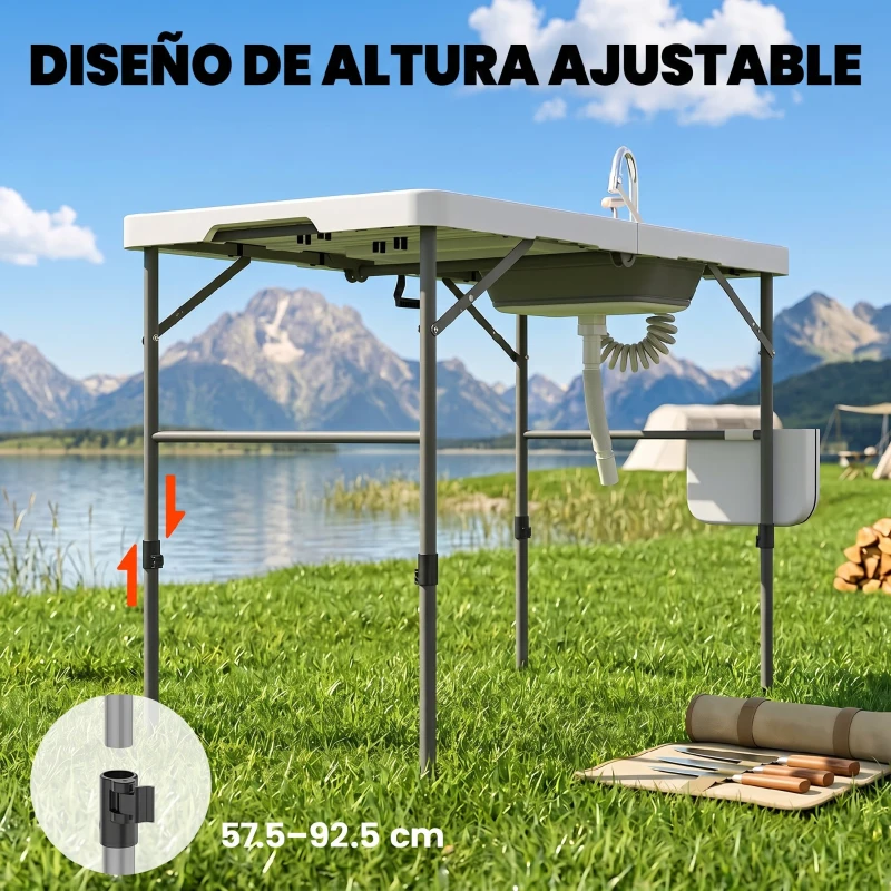 Outsunny Mesa Plegable Camping con Fregadero Grifo Altura Regulable Cubo Plegable Ranuras Regla y Bolsa de Transporte