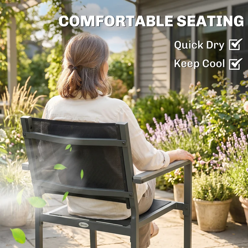 Outsunny Garden Dining Set with Acacia Wood Table Top, Outdoor Table and Stackable Chairs Set for 6 with Texteline Seat, Grey