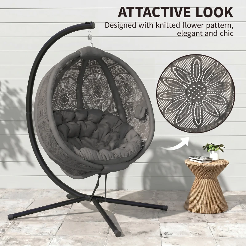Outsunny Round Egg Basket Chair, with Steel Stand, Charcoal Grey