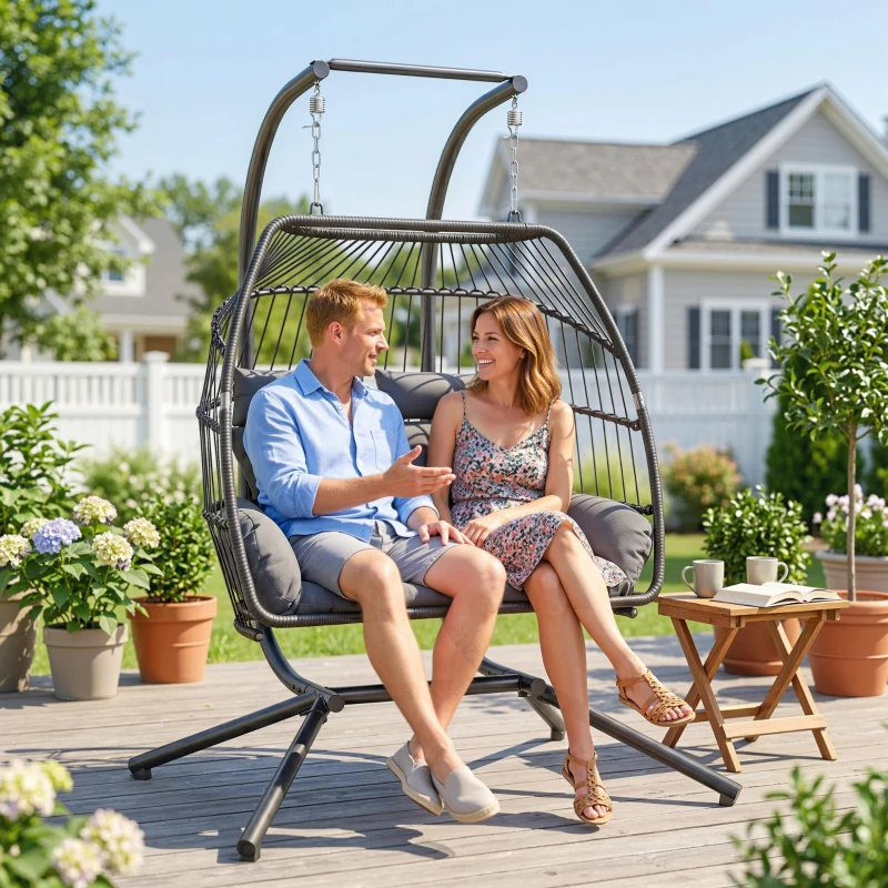 Outsunny Rattan Double Hanging Egg Chair with Stand, Foldable Wicker Swing Egg Chair with Cushion, Head Pillows, Steel Frame, Hammock Chair for Indoor Outdoor, Capacity 260 kg, Dark Grey
