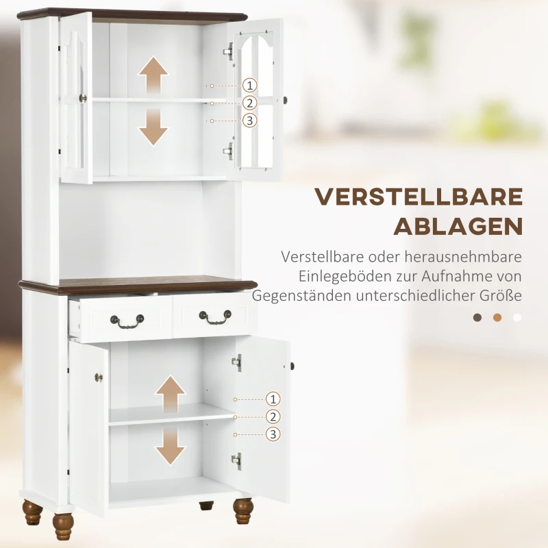 HOMCOM Kast voor in de keuken, buffet, 2 laden, 2 kastvakken, klassiek ontwerp, wit + donkerbruin, 76 x 38 x 182 cm