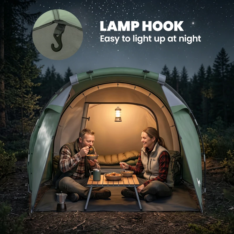 Outsunny 2 Man Tunnel Tent with Sewn-in Groundsheet, Air Vents, Rainfly, 2000mm Large Camping Tent with Bedroom, Porch, Living Area for Camping, Hiking, 426L x 206W x 154H cm, Dark Green