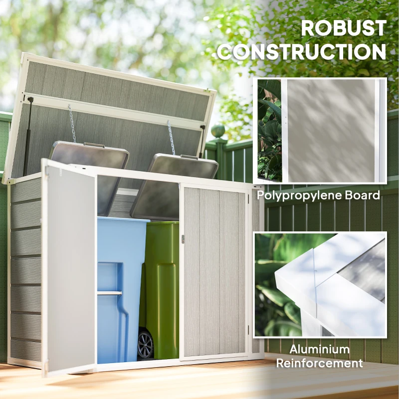 Outsunny 4.7 x 2.5FT Garden Shed, Double Bin Storage Shed with Lockable Doors, Outdoor Small Shed with Openable Lid for 2 Trash Cans, Garden Tools, Light Grey