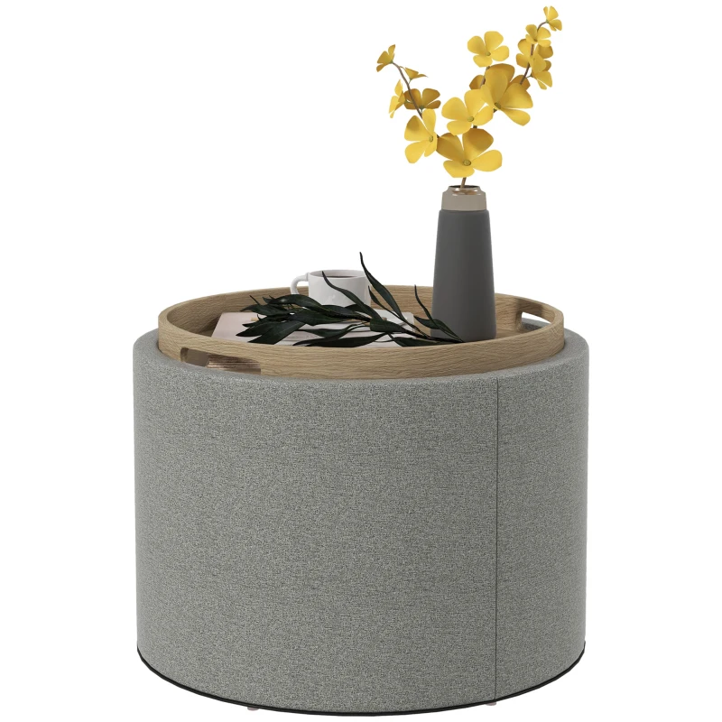 HOMCOM Ronde Opbergpoef met bekleding, linnen, verborgen opbergruimte, omkeerbare deksel, 56 cm x 56 cm x 42 cm, Grijs + Natuurlijk