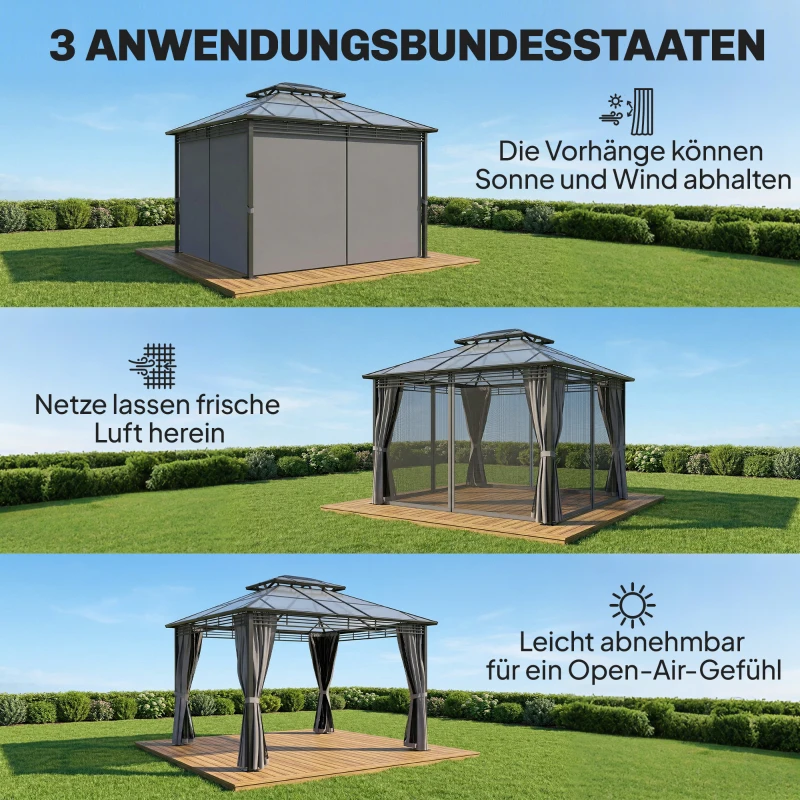 Outsunny Tuinpaviljoen ca. 3,6x3m Aluminium Paviljoen met 6 mm Polycarbonaat Dubbel Dak Muggennet 4 Zijpanelen Donkergrijs