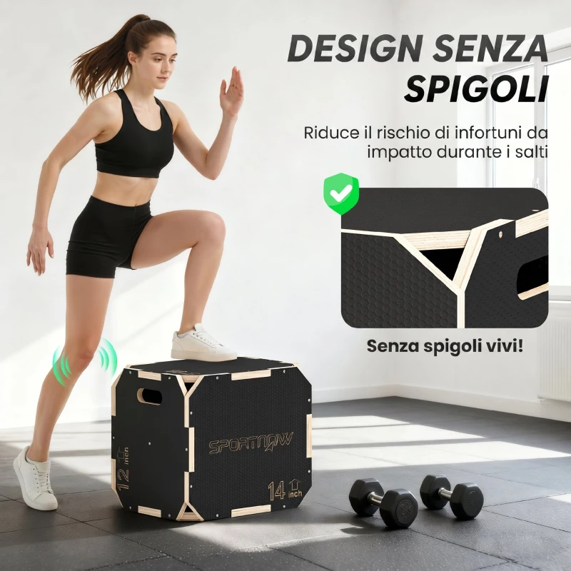SPORTNOW Plyo Box in Legno 3 in 1, Box Pliometrico per Salti Antiscivolo con Maniglie per Allenamento in Casa Palestra, 41x36x31 cm, Nero
