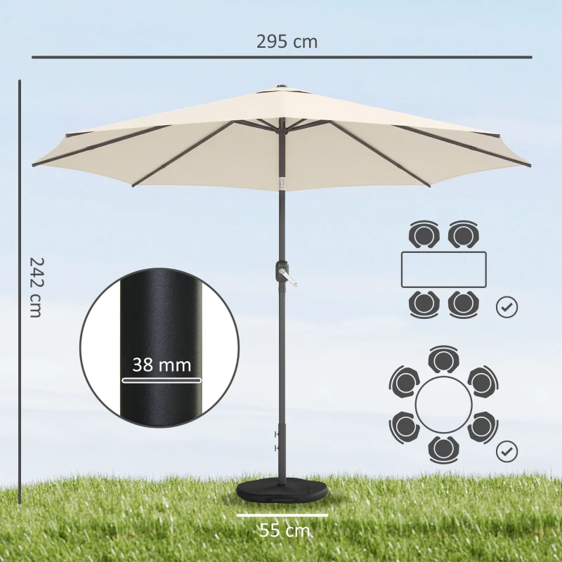 Outsunny Parasol Ø300 cm Kantelbaar Balkonparasol met Draaihendel, Kruisvoet en Zandzak, UV 30+ Inklapbaar Crèmewit