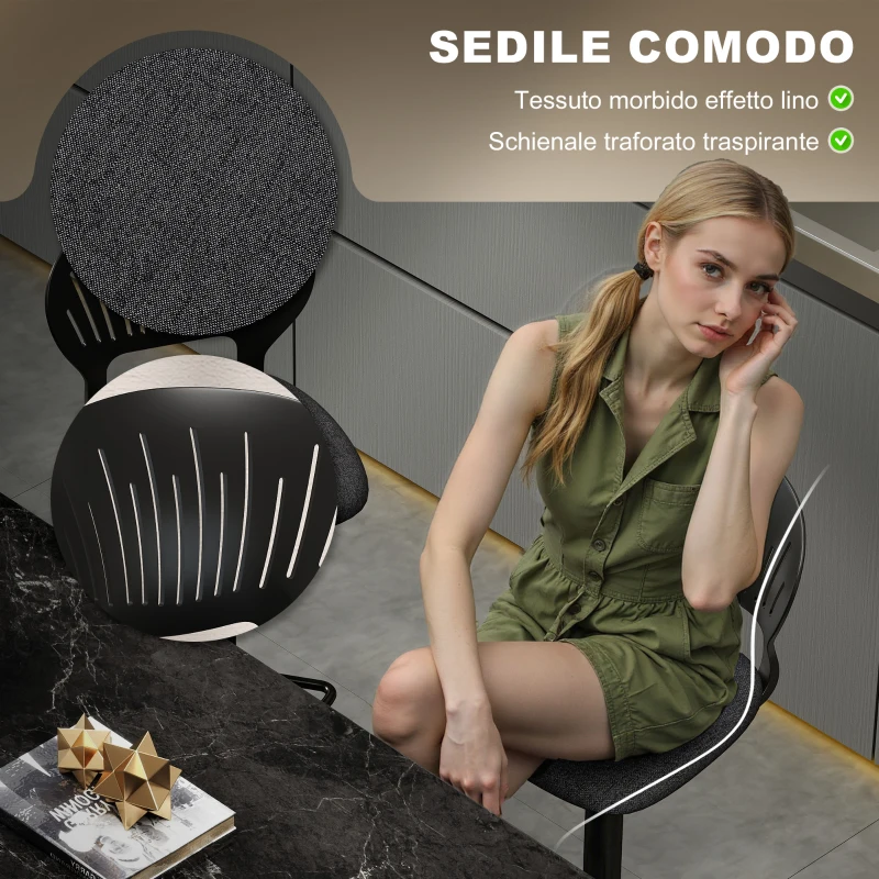 HOMCOM Set 2 Sgabelli da Bar Traspiranti in Tessuto Effetto Lino e Metallo con Poggiapiedi, 40.5x43x84-105 cm, Nero