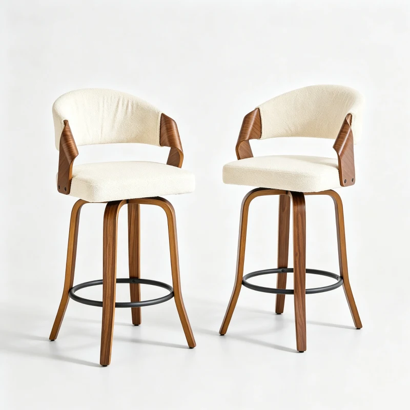 Lot de 2 tabourets de bar avec dossier, design rétro élégant, mousse haute densité et patins antidérapants, 51x42x95 cm, Blanc