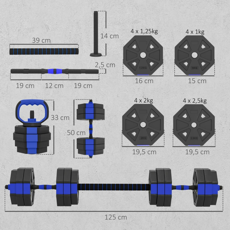 SPORTNOW Ensemble d'Haltères Musculation 6-en-1 Haltère Réglable 30 kg Kettlebell, Barre de Musculation Support pour Pompes Bleu