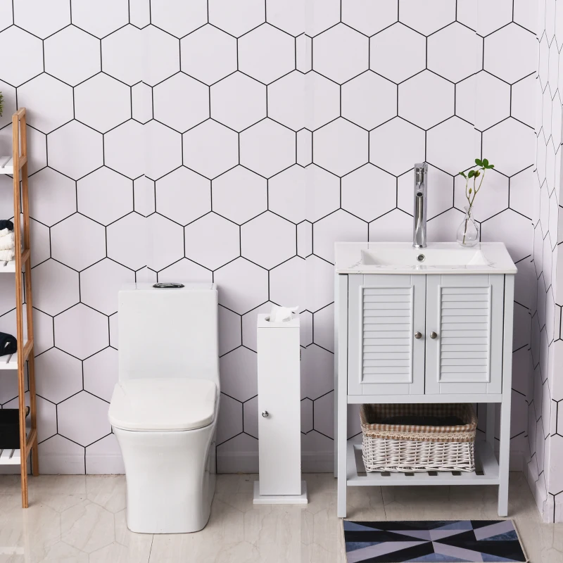 HOMCOM Mueble de Baño Estrecho con Orificio para Papel Higiénico y Estantes Estilo Moderno 19,5x19,5x65 cm Blanco