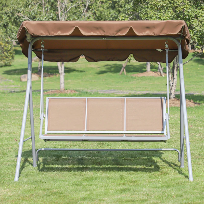 Outsunny Columpio Jardín Exterior Balancín Jardín Exterior de 3 Plazas con Toldo Ajustable Respaldo Transpirable y Marco de Metal para Terraza Balcón Carga 240 kg 171x108x150 cm Marrón