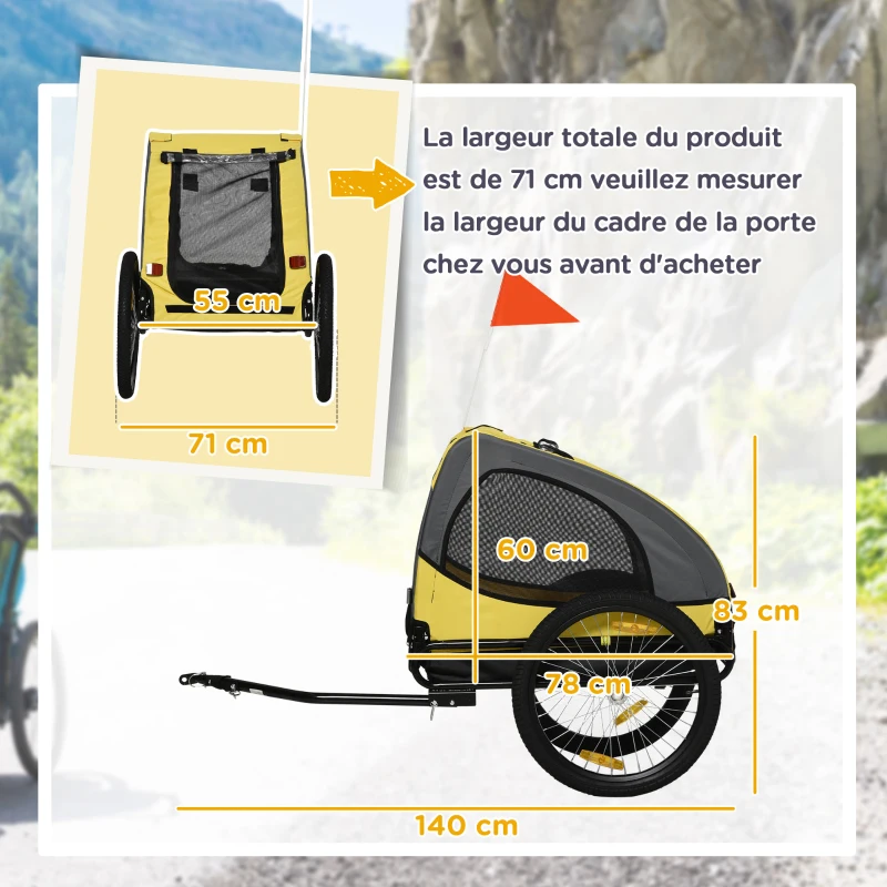 PawHut Remorque de vélo pour chien avec fenêtres en maille réflecteurs et drapeau de sécurité 140 x 71 x 83 cm jaune