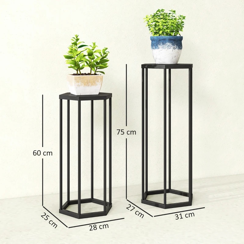 Outsunny Lot de 2 supports pour plantes, tabouret à fleurs hexagonal en métal, intérieur et extérieur, noir