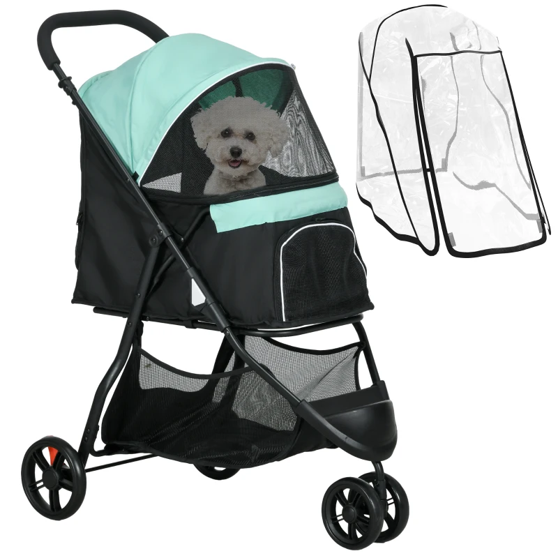 PawHut Huisdierbuggy inklapbaar met regenhoes, 2 drankhouders, blauw + groen