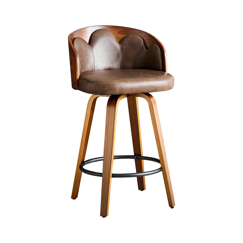 Lot de 2 tabourets de bar, dossier floral en bois courbé avec accoudoirs, 46,50x41,50x89,00 cm, Marron