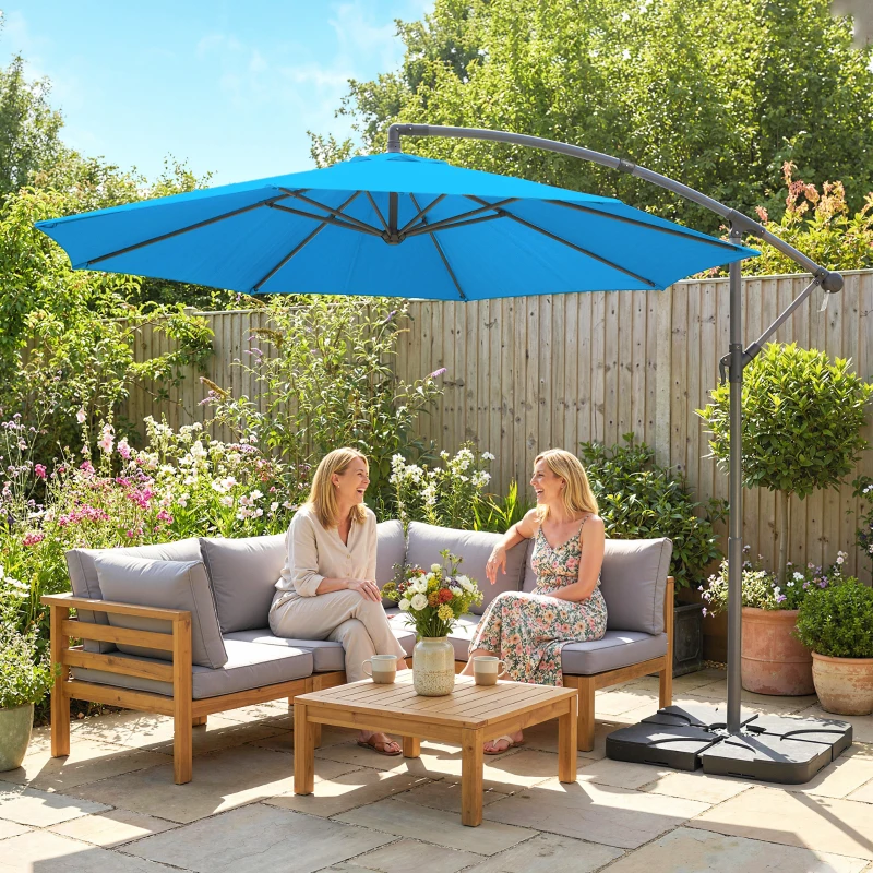 Outsunny 3m Overhanging Parasol, with Base, Weights and Cover - Blue
