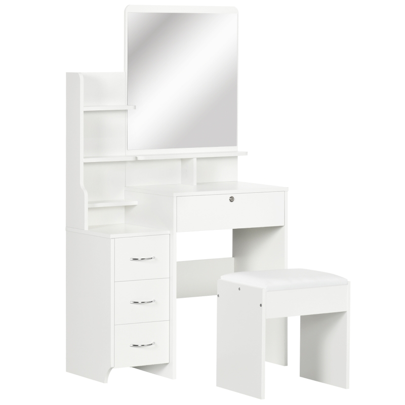 HOMCOM Toucador de Maquilhagem com Banco Espelho 4 Gavetas 4 Compartimentos de Armazenamento Estilo Moderno 80x38x143cm Branco