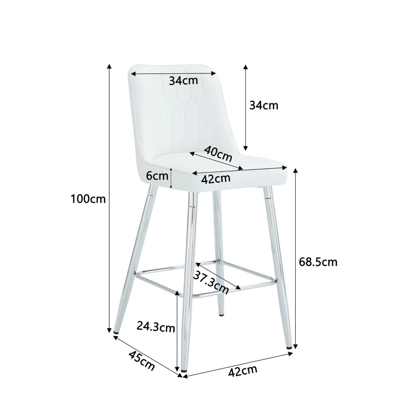 Lot de 2 tabourets de bar hauteur, design moderne et confortable, dossier incurvé et repose-pieds, 42x45x100 cm, Blanc+Argenté