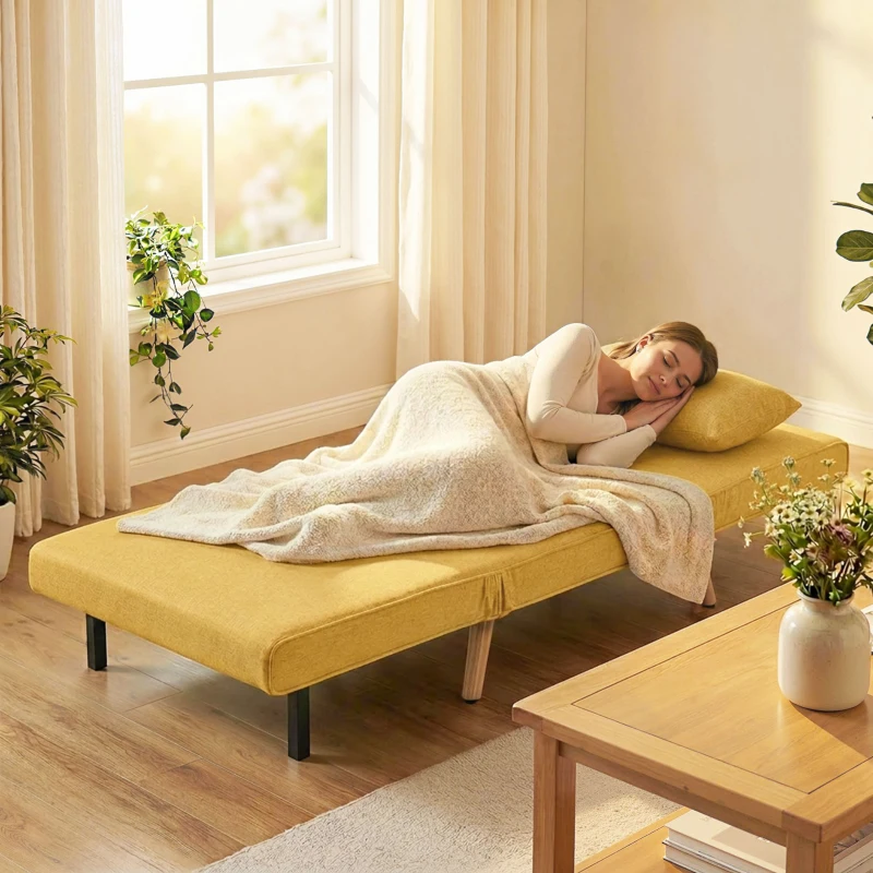 HOMCOM Sofá Cama Individual Plegable con Respaldo Ajustable 5 Posiciones Sillón Cama Tapizado con Cojín 72x75x85 cm Amarillo