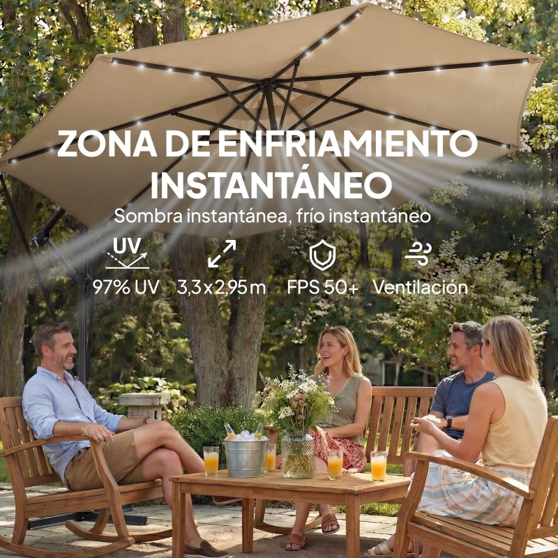 Outsunny Parasol Excéntrico con Luces LED Solares 330x295 cm Sombrilla Jardín con Base Cruzada Manivela Funda Protectora Caqui