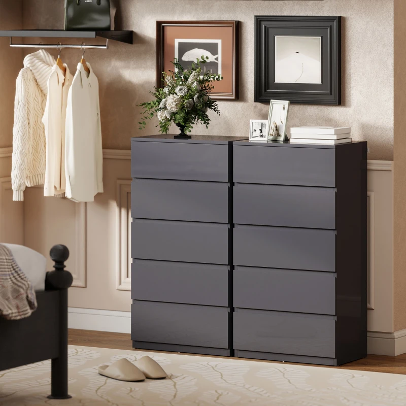 HOMCOM Commode 5 tiroirs, meuble de rangement à haute brillance, fermeture douce et silencieuse, 53 x 34 x 100 cm, gris