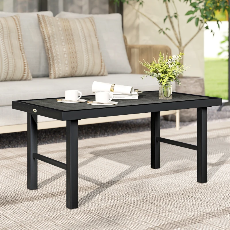 Outsunny Metal Garden Coffee Table, Outdoor Side Table with SPC Woodgrain Tabletop for Outside, 100 x 52 x 46cm, Dark Grey