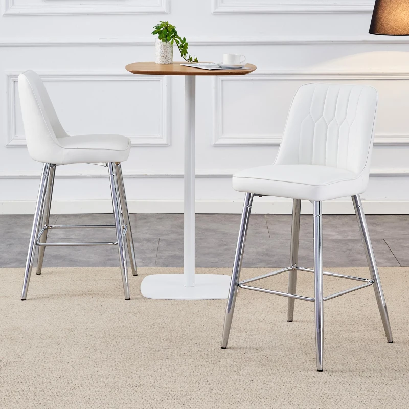 Lot de 2 tabourets de bar hauteur, design moderne et confortable, dossier incurvé et repose-pieds, 42x45x100 cm, Blanc+Argenté