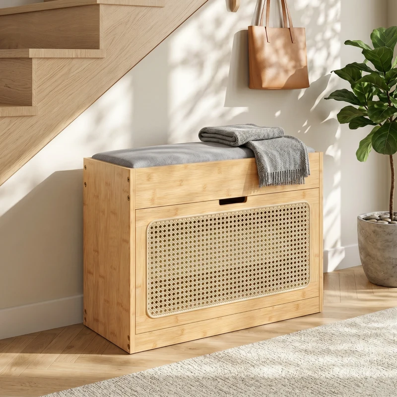 HOMCOM Banc chaussures entrée, banc de rangement en bambou, assise rembourrée, porte en rotin et étagère réglable, bois naturel