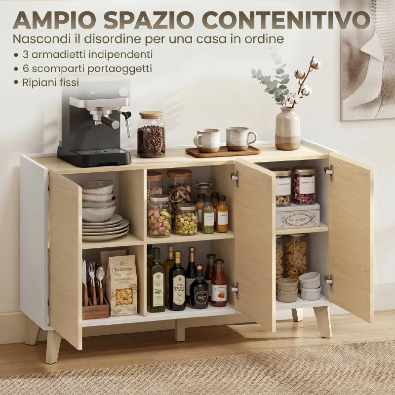 HOMCOM Credenza Buffet Stile Nordico con 3 Armadietti, in Legno, 120x35x73.5 cm, Bianco e color Legno