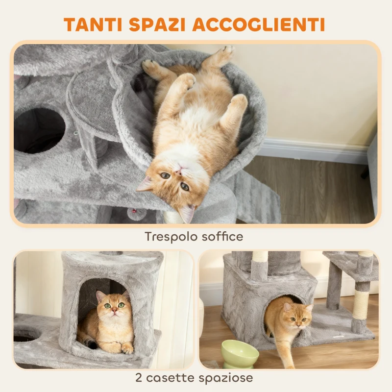 PawHut Albero Tiragraffi per Gatti con 2 Casette, Amaca, Tunnel, e Lettino, Pali in Sisal, 60x40x170 cm, Grigio